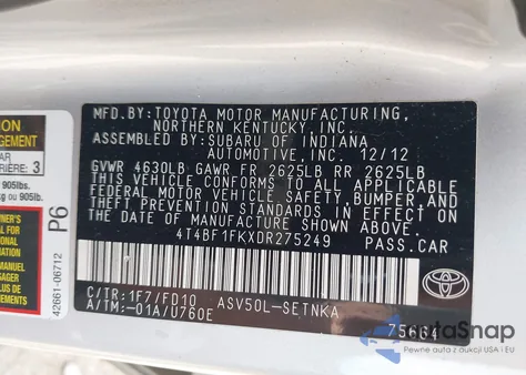 2013 Toyota Camry Le из США, поврежденный, VIN 4T4BF1FKXDR275249